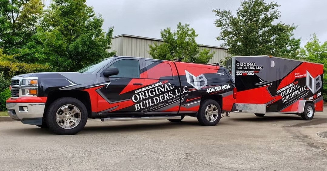 Original Builders pickup and enclosed trailer with matching red and black graphics